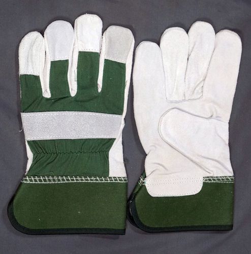 Green & White Leather Working Gloves, Size : Standard