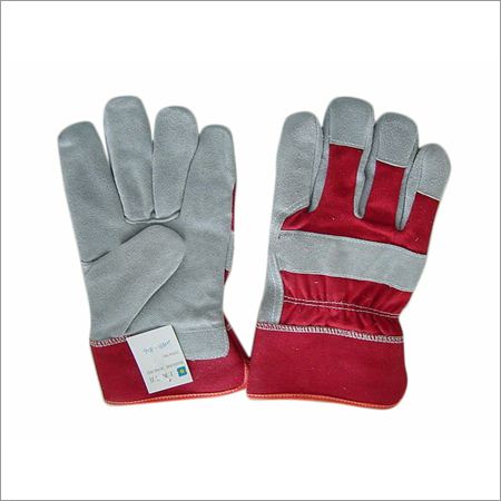 Grey & Red Leather Working Gloves, Size : Standard