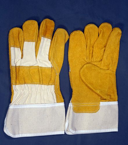 Yellow & White Leather Working Gloves, Size : Standard