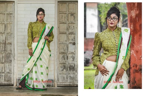 TITLYS designer sarees, Color : off white green