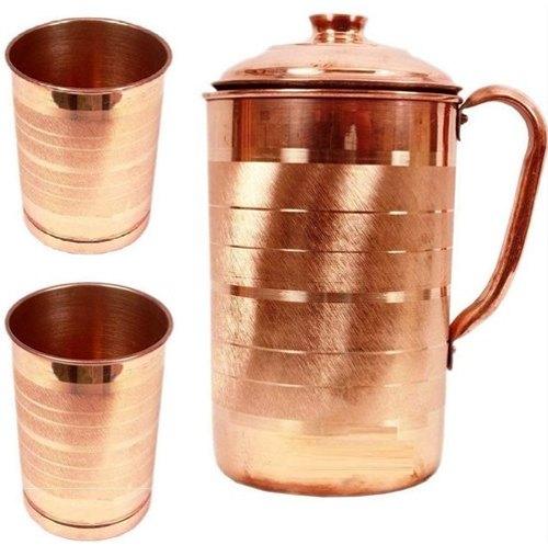 Round Copper Jug with 2 Glass Set, for Serving Water