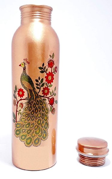 Peacock Printed Copper Bottle, for Storing Liquid, Capacity : 1L, 2L