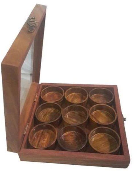 Rectangular Polished wooden masala boxes, for Crate, Size : 10/9/2.5