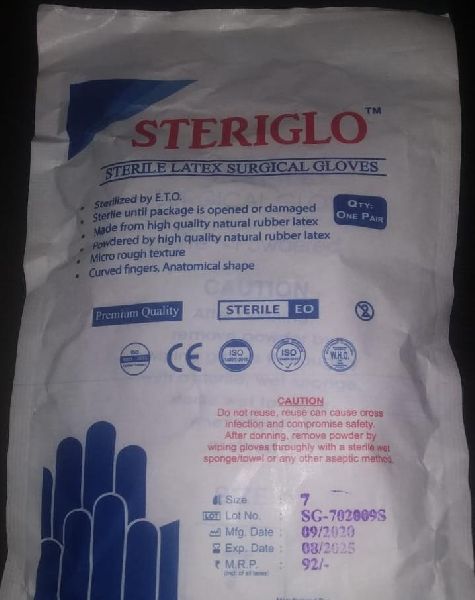 STERIGLO Plain Latex Surgical Gloves, Size : M