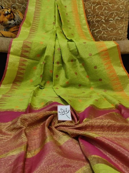 Temple Border Tissue Linen Saree, Pattern : Plain, Printed