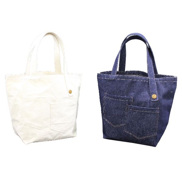 V shape pocket designer handle canvas tote bag