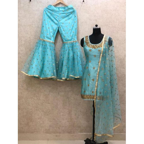 Georgette Embroidered Gharara Suit, Size : L