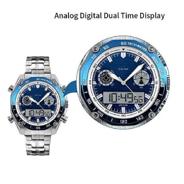 Jmv Designer Studio Present By 1204 Blue Stainless Steel Chronograph Analog Digital Analog-Digital Watch - For Men