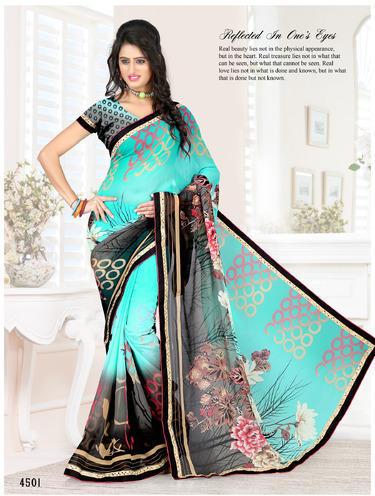 Embroidered Sarees, Color : Green