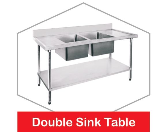 Stainless Steel Double Sink Table, Feature : Fine Finishing, Rust Proof, Stylish