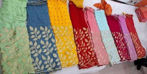 Jasvi Plain Bandhej Sarees, Saree Length : 5.5 m (separate blouse piece)