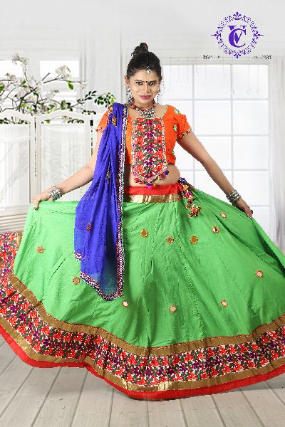 Green Embroidery Work Cotton Lehengacholi, Occasion : Festive Wear, Gender : Female