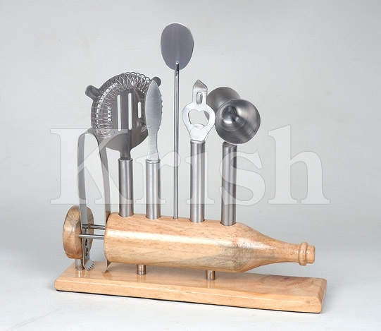 Professional Bar Tool set w Wood Stand - 7 Pcs