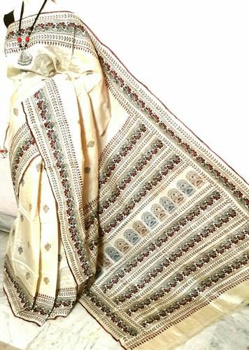 Tussar Silk Hand Painted Saree, Color : Off White