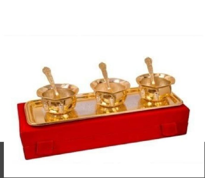 7 Pieces Brass Handi Bowl Tray With Spoon Set by Dhrama Goods Exports