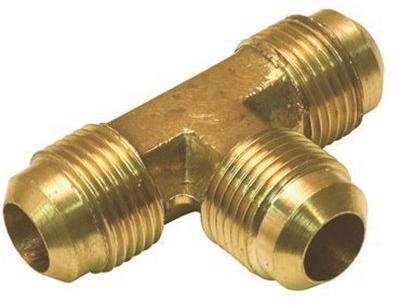 Round Golden Brass Triple End Flare Tee, for Gas Fittings, Water Fittings, Size : 40-50cm, Standard