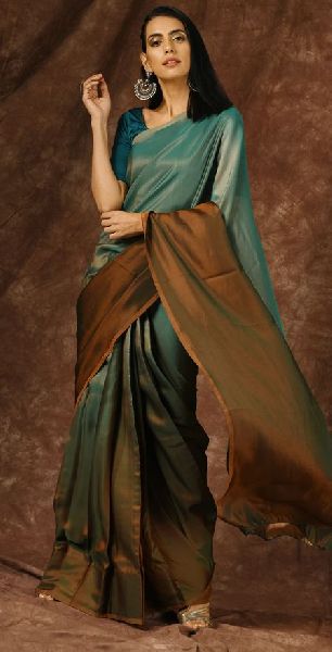 Blue &amp; Brown Satin Saree, Technics : Woven