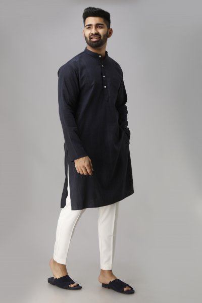 Linen Navy Blue Kurta at Best Price in Jaipur | Qarot Men