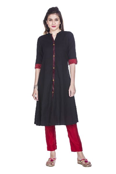 Black Cotton Flex Solid Kurta