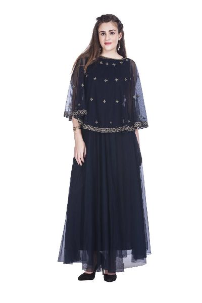 Navy Blue Polyester Net Gown, Pattern : Printed
