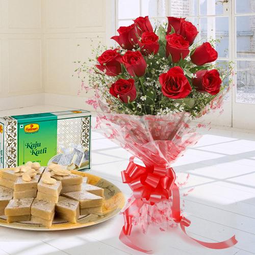 Kaju Katli N Red Rose Bouquet