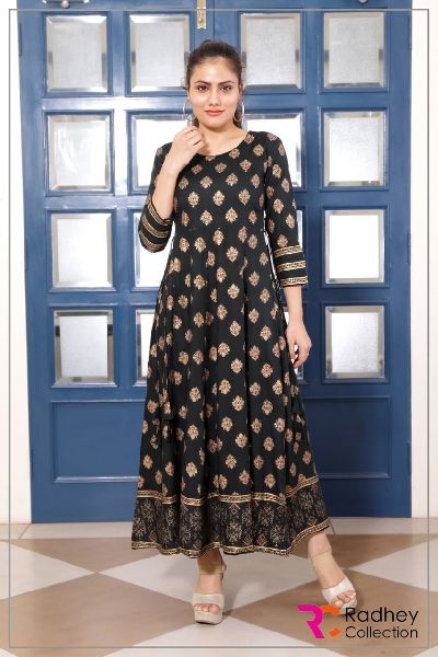 BLACK BUTI PRINT DESIGNER GHERA KURTI, Size : M, XL, XXL