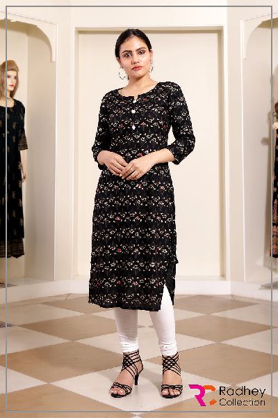 BLACK PRINTED STRAIGHT KURTI, Technics : Machine Made