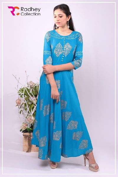 BLUE BUTI PRINT LONG KURTI, Technics : Machine Made