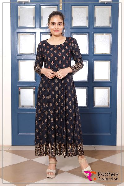 BLUE LONG KURTI WITH PRINTED PALAZZO, Technics : Machine Made