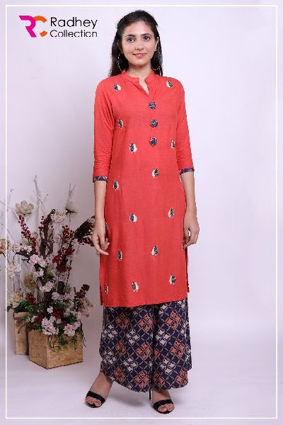 RED KURTI WITH PALAZZO PANT, Feature : Anti-Wrinkle, Comfortable