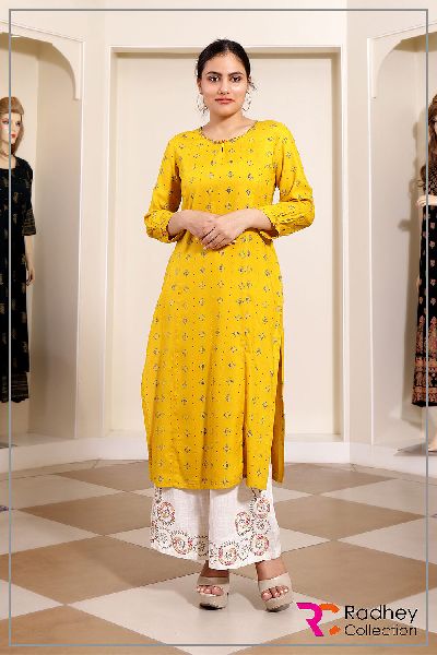 YELLOW KURTI WITH WHITE PALAZZO, Size : M, XL, XXL