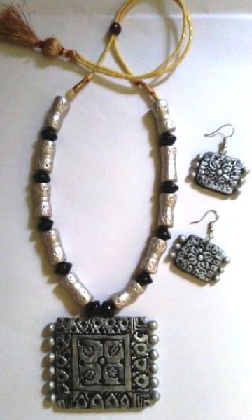 Hand made Black Silver Terracotta Necklace set