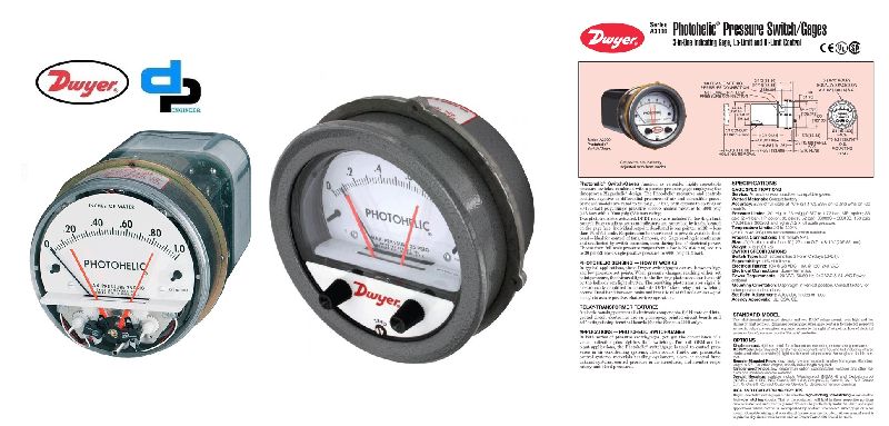 Dwyer A3002AV Photohelic Pressure Switch Gauge Range 0-2.0 Inch w.c./1000-5600 FPM.