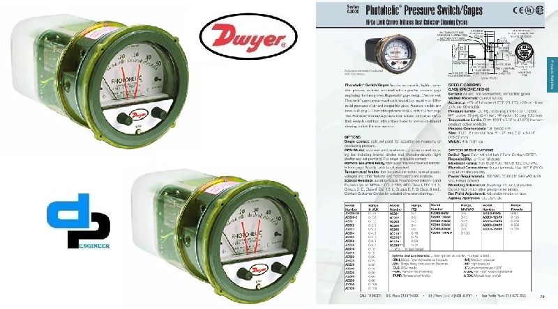 Dwyer A3000-00 Photohelic Pressure Switch Gauge, 0-0.25 Inch WC