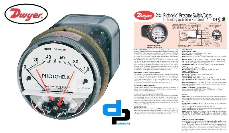 Dwyer A3001AV Photohelic Pressure Switch Gauge Range 0-1.0 Inch w.c.500-4000 FPM.