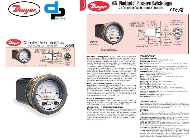 Dwyer A3330 Photohelic Pressure Switch Gauge Range 15-0-15 Inch W.c.