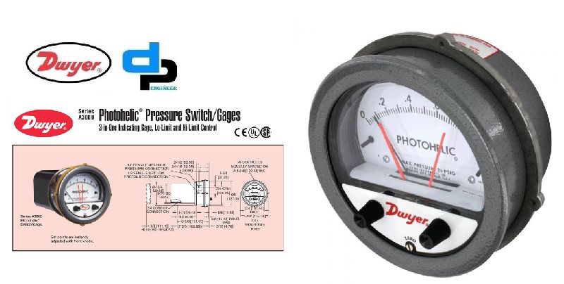 Dwyer A3025 Photohelic Pressure Switch Gauge Range 0-25 Inch W.c.