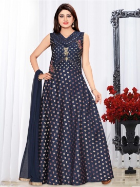 Printed Navy Blue Long Gown, Size : M, S, XL