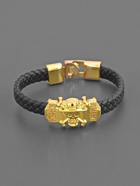 Biker Style Golden Skull Design Black Band Mens Bracelet