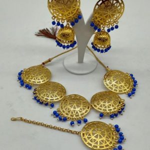 Blue Beads Golden Tone Choker Necklace, Packaging Type : Velvet Box