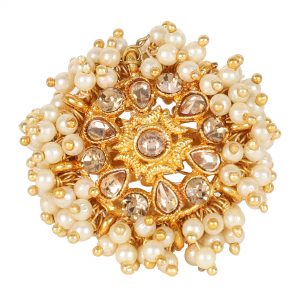 White Pearls Golden Texture Kundan Ring, Size : 6-9mm