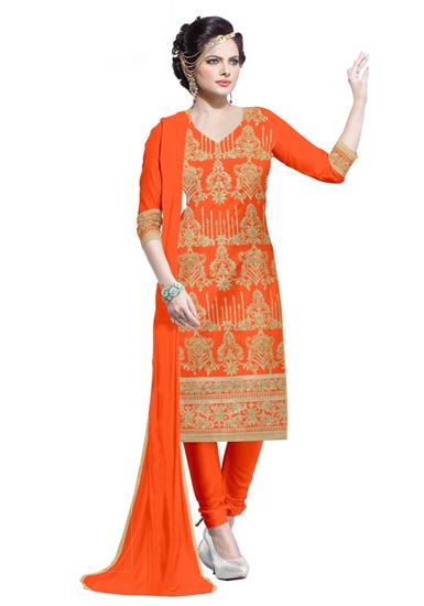 Embroidered Orange Chanderi Suit, Technics : Machine Made