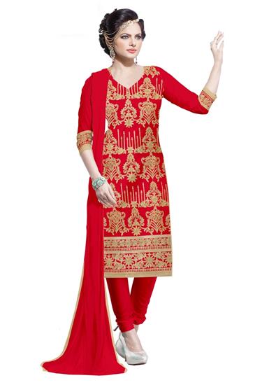 Printed Red Chanderi Suit, Size : Standard