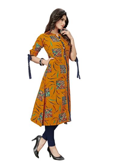 Printed Yellow Rayon Kurti, Technics : Machine Made