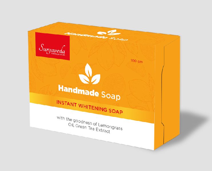 Suryaveda Cosmeceuticals Square Lemon Herbal Soap, for Bathing, Packaging Type : Paper Box