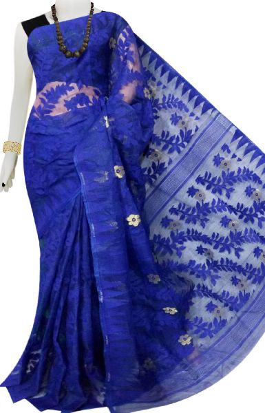 Plain Jamdani Saree, Color : Blue