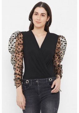 V-Neck Puff mesh polka sleeve top, Size : XL, XXL