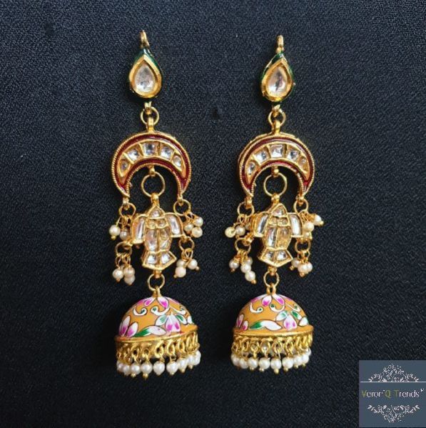 VeroniQ Trends- Meenakari Gold Polki Earrings With Fish Design, Jaipur Jewelry