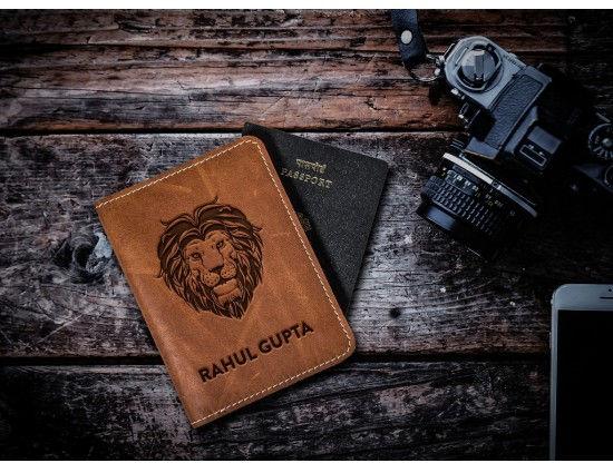 Lion Design Leather Personalized Passport Cover, Style : Antique