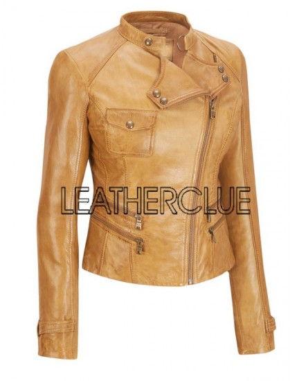 Womens Beige Colored Leather Jacket, Size : XL
